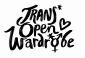 Trans* Open Wardrobe in a wavy font with a heart and trans symbol as the last O.